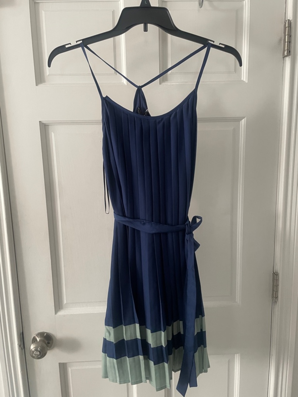 City Studio Navy Dress with Mint Stripe Hem